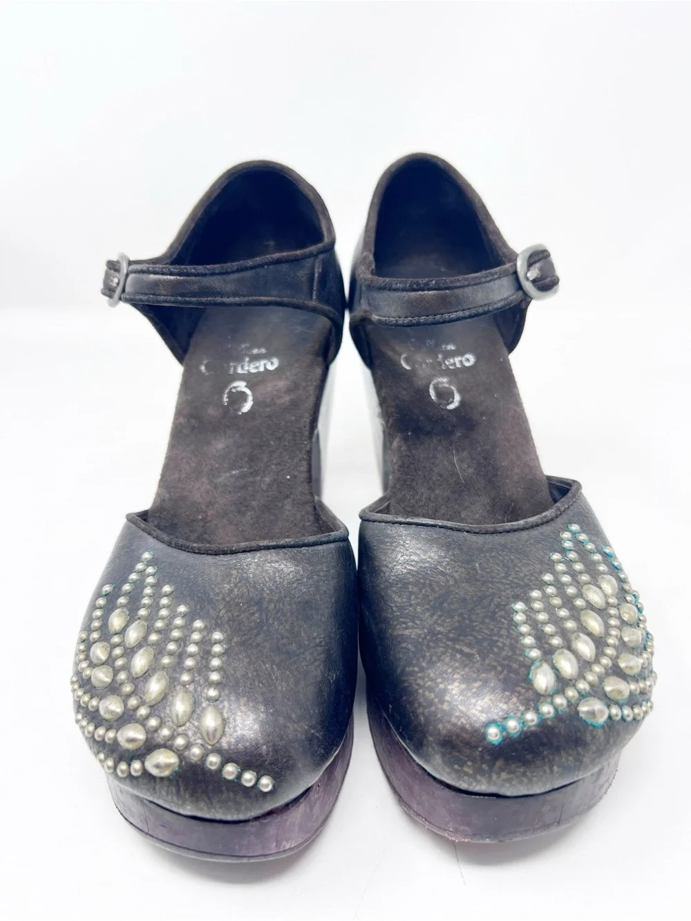 CALLEEN CORDERO BROWN LEATHER STUDDED ROIND TOE WOODEN PLATFORM CLOGS SHOES SZ 8